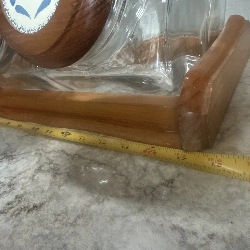 Vtg Glass 3 Canister Set Blue Heart Wood Top Counter Rack Farmhouse Kitchen